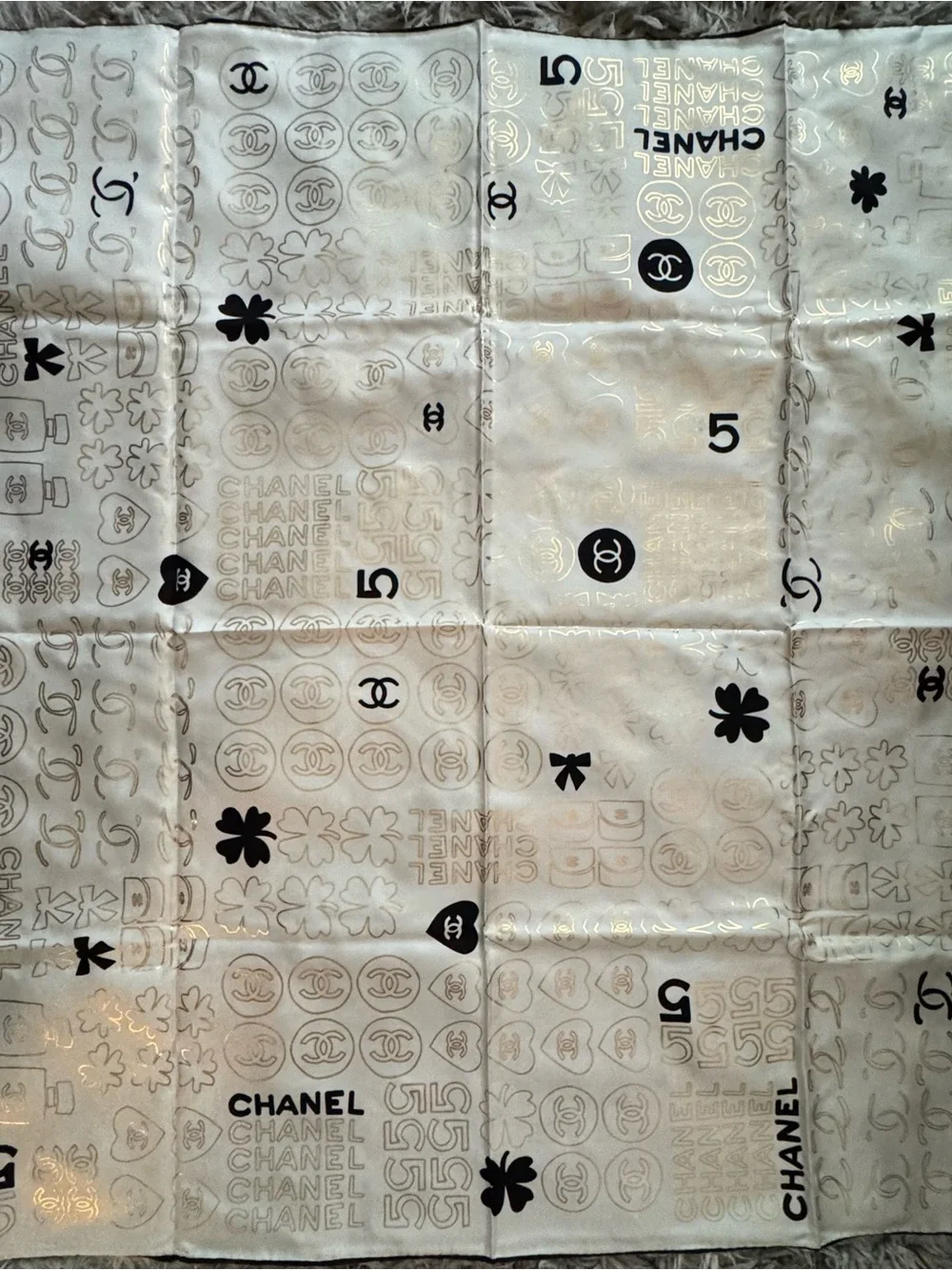 CHANEL Ivory Silk Logo & Motif Scarf with Black Accents